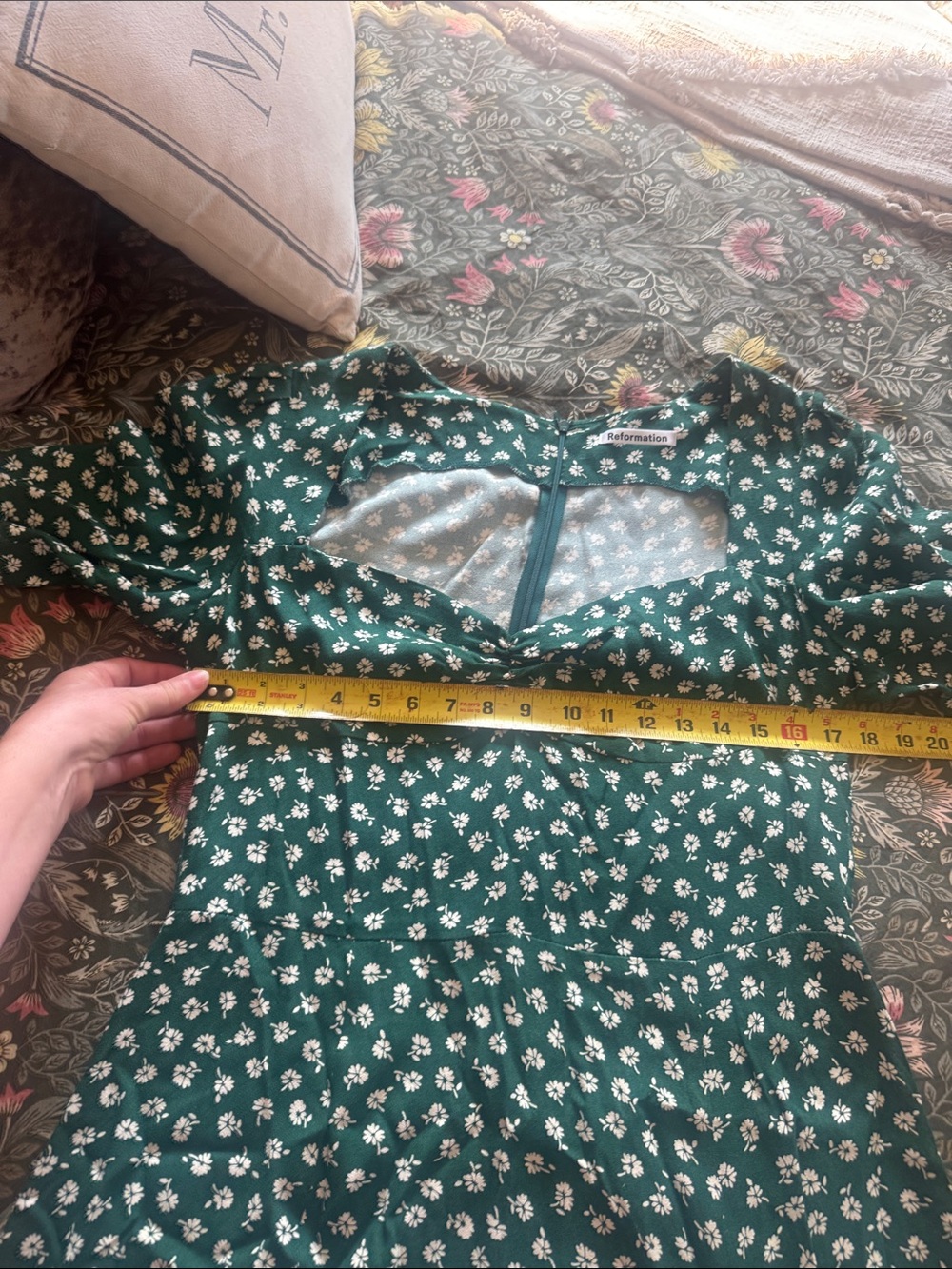Reformation Green Floral Midi Dress with Puff Sleeves - Picture 7 of 9